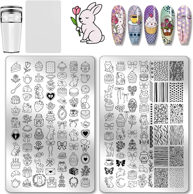 PH PandaHall 2pcs Cute Animals Nail Stamping Plates Bunny Cats Nail Art Templates Afternoon Tea Theme Dessert Cake Manicure Art Stencils for Manicures Salon Print Decoration
