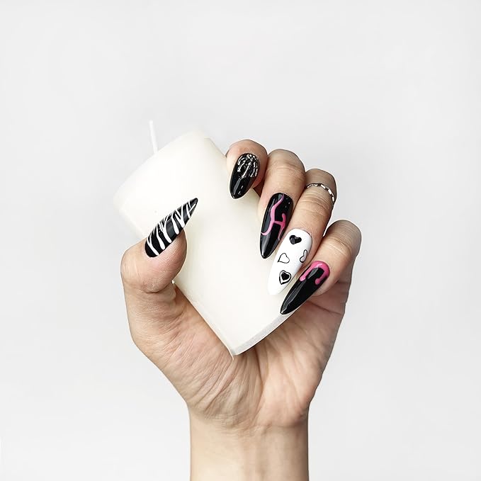 2025 Dark Series Pure Handmade Pressed Full Stick Medium Almond Nails Hand-painted Designs Reusable Acrylic Press on Nails with Rhinestones Fake Nails w/Box Ladies Gifts (Dark Pattern, Medium)