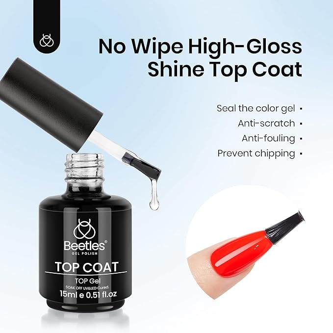 Beetles Top Coat Gel Nail Polish Set – 2Pcs 15ml No Wipe Gel Top Coat, Long-Lasting High Gloss Finish, Clear Nail Polish Soak Off UV/LED Nail for DIY & Professional Manicure