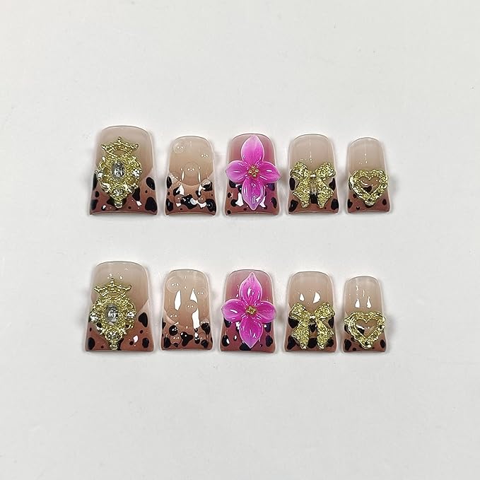 Duckbill Nails,Brown Leopard French Tips Press on Nails with Kit,Soft Gel Fake Nails with 3D Charms Hearts Bows Flowers,Metallic Edgy Punk Y2K False Nail with Rhinestone for Winter Fall(M)