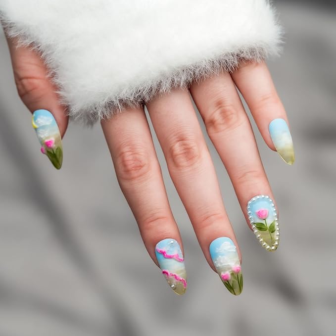 Sun&Beam Nails Handmade Medium Long Almond Blue White False Nail Tips with Cute 3D Flower Pearl Popular Charm Design Press On Nails 10 Pcs (#66 S)