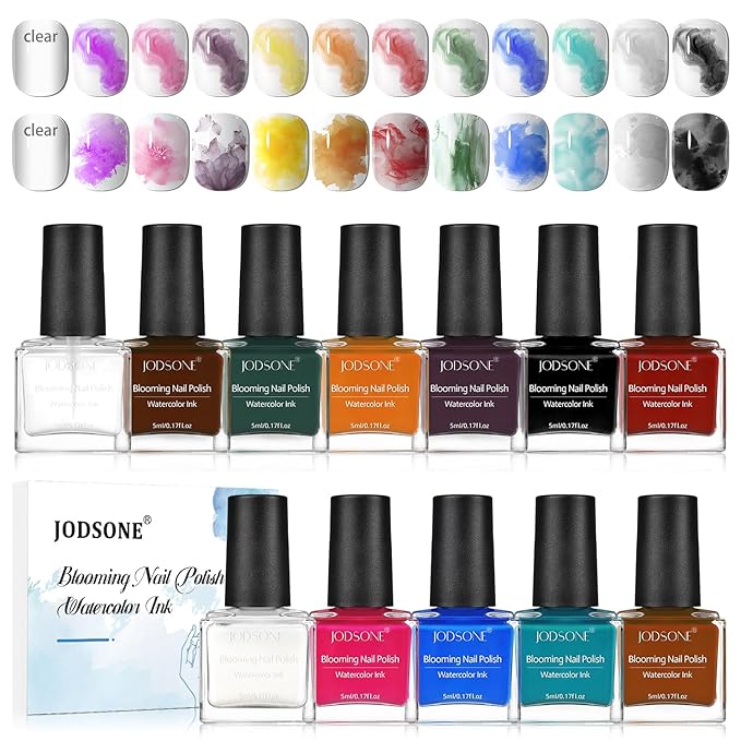 JODSONE Marble Nail Polish, Blooming Gel Marble Ink for Nails 12 Colors Blue Purple Pink Ink Magic Watercolor Blooming Marble Effects Gel Nail Polish at Home DIY Nail Art Flower Design