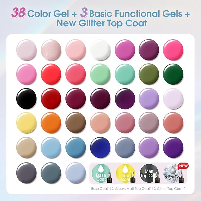 ROSALIND 42 Pcs Gel Nail Polish Set, 38 Colors All Seasons Nail Polish Set Colorful Begginer Kit with Base Coat & Glossy/Matte/Glitter Top Coat, Gel Nail Art Manicure Salon DIY Gifts