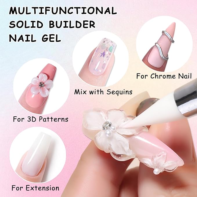 2PCS White 3D Sculpting Gel Non-Stick Hand Solid Builder Hard Gel Nail Extension Glue with Silicone Pen for Carving Patterns Decoration 3D Nail Art Manicure Home DIY