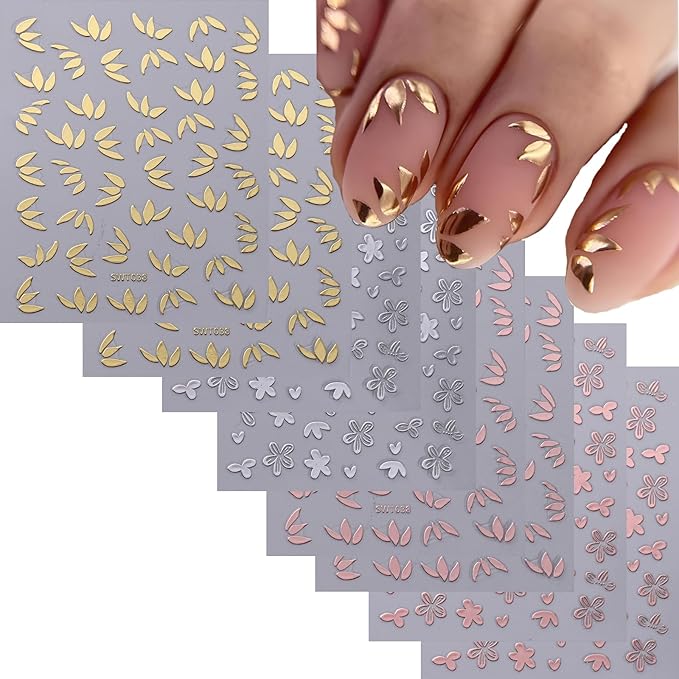 8 Sheets Flower Leaf Nail Stickers - 3D Self-Adhesive Metal Flower Nail Decals in Gold, Silver & Rose Gold - Floral Nail Designs with Retro Petal Leaves - Perfect for Women's Manicure Decoration