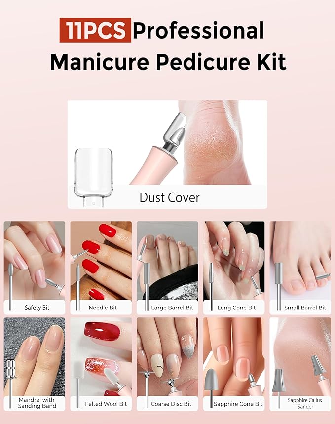 Cordless Nail Drill Electric Nail File, 10-in-1 Manicure Pedicure Kit Nail Grinder Set, 14000 RPM Rechargeable Acrylic Nail Tool, 10 Speeds LED Light LCD Display for Human, Toenails, Home(Pink)