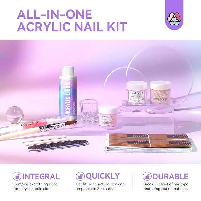SAVILAND Acrylic Nail Kit for Beginners: Clear Nudes Pink Acrylic Powder and Liquid Set with #12 Acrylic Nail Brush Cuticle Oil Pen Forms Tools Extension Nail Kit with Everything Home DIY