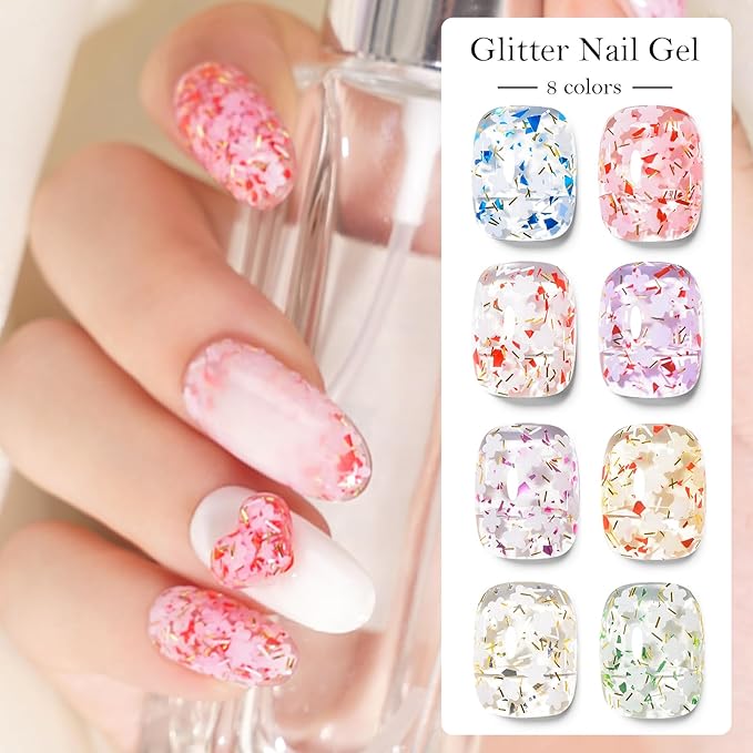 MEET ACROSS 9Pcs Glitter Gel Nail Polish Set Petal Gel Polish Kit with 1Pc Nail Brush, Soak Off Nail Art Design Salon at Home DIY Manicure Kit Gifts for Women Girls 8 Colors