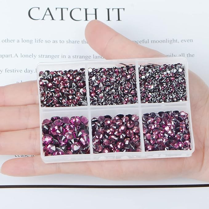 AD Beads 4300 Pieces Flat Back Nail Art Rhinestones Round Beads 6 Sizes (2-6.5mm) with Storage Organizer Box,Rhinestones Picking Pen for Nail Art Phone Decorations Crafts DIY (Amethyst)