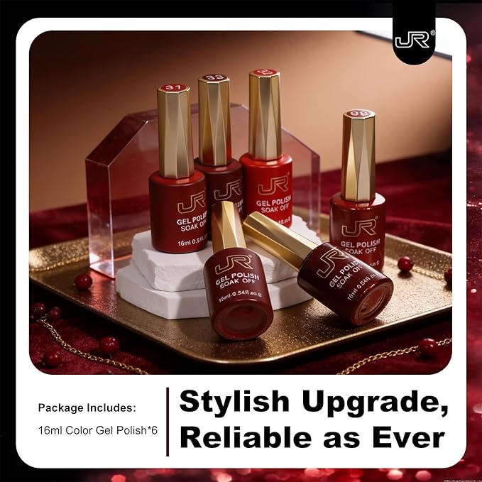 JR Red Gel Nail Polish Set, 16ml Full Size Bottle 6 Colors Red 9D Cateye Glitter Nail Gel Polish Gift Soak Off Led Nail Art Kit Salon DIY Colorful Bottle F