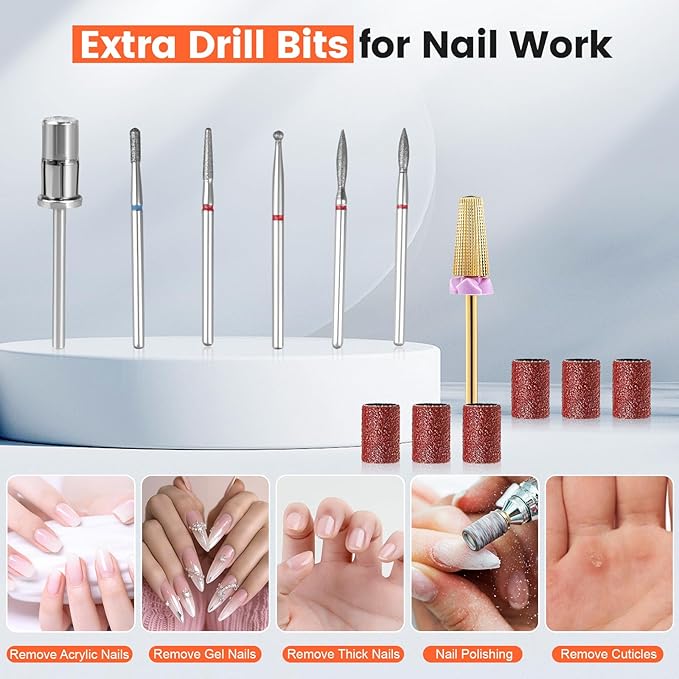 Professional Nail Drill, 40,000RPM Electric Brushless Nail Drill, Rechargeable, Portable, Touch Control, Quiet, Vibration-Free, Cordless Nail File Machine with 7PCS Drill Bits