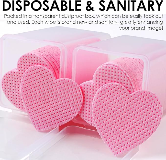 600 PCS Lint Free Nail Wipes,Non-Woven Fabric Nail Cleaning Pads Lash Extensions Glue Cleaning Wipes,accompanied by 1 Empty Pump-Style Bottle Dispenser Nail Care Set (Heart-shaped pink)