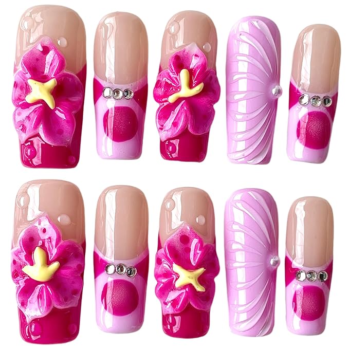 Handmade Press On Nails, Medium Long Square, 3D Floral Design, Nude Base with Rose Red Flowers, Rhinestone Accents, Reusable Acrylic False Nails (Duo Blossom, L)