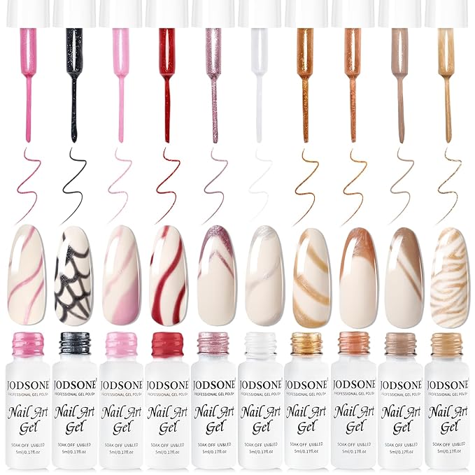 JODSONE Nail Art Gel Liner Set 10 Colors Glitter Red Black Pink Gel Nail polish Need U V Lamp Cured with Thin Brush at Home Salon Design,Valentines Gifts for Women