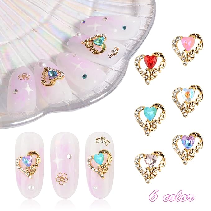 30Pcs Heart Shaped Nail Charms 3D Heart Nail Rhinestones Glitter Nail Gem 6 Colors Nail Art Charms for Valentine's Day DIY Nail Art Craft Decoration