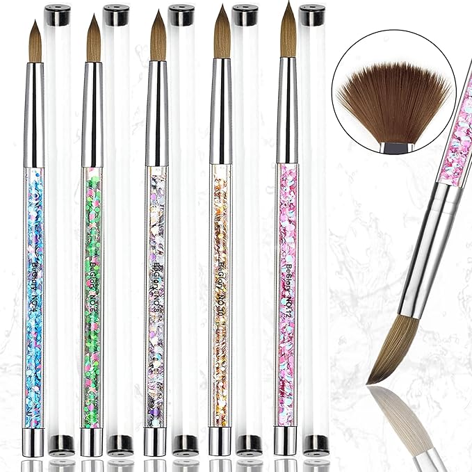 BeGlory 5PCS Acrylic Nail Art Brushes Set - Nylon Round Head - Pink, Gold, Silver, Blue, Green Handles - Manicure & Pedicure Tools