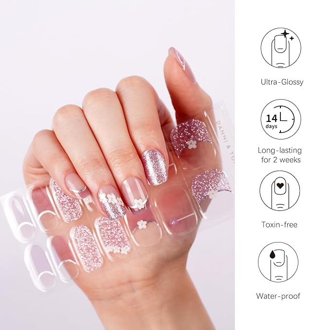 DANNI & TONI Semi Cured Gel Nail Strips Purple (Spring Whisper) French Tip Flowers Gel Nail Wraps UV Nails 28 Stickers