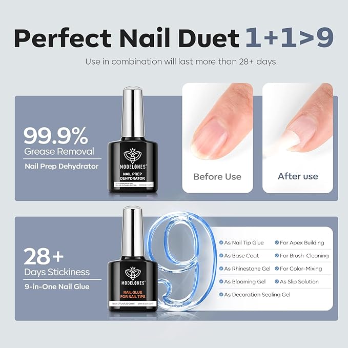 modelones X Nail Gel Kit Short Coffin, Upgrade 510Pcs Fake Nails 15Sizes, 9-in-One Glue Prep Dehydrator & Mini U V Light Clipper, Pre-shaped Half Matte Press on Short Coffin Tips for DIY Salon