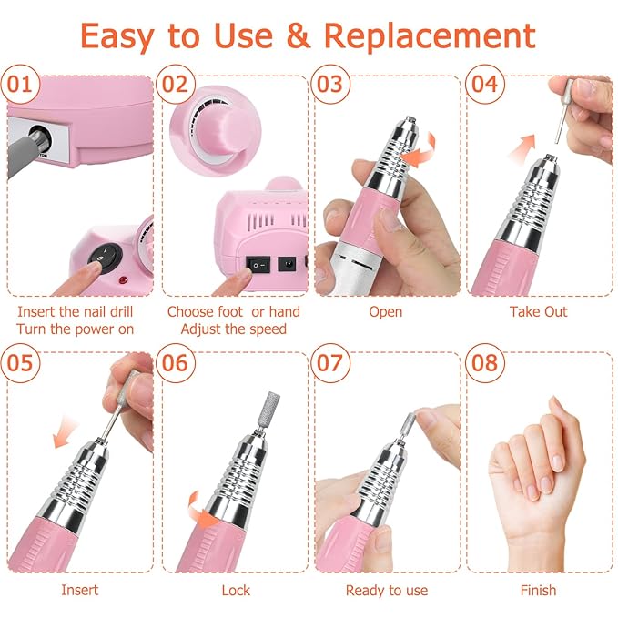 Professional Nail Drill with Foot Pedal Drill Bits Electric NailDrill Pink 30000RPM E-file Nail Drill for Acrylic Nails Nail Grinder for Gel Nails At Home Nail Salon Manicure Pedicure