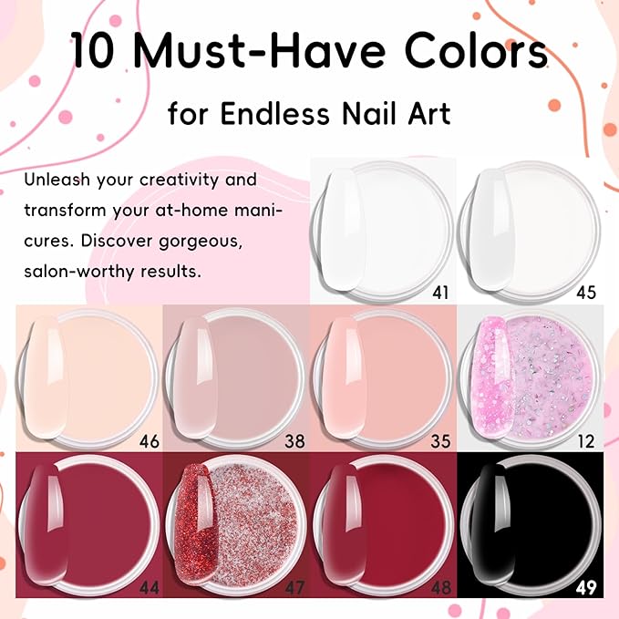 Acrylic Powder Set for Nail Extensions - 10 Colors 20g Each, Professional 3D Nail Art Carving Powder, Acrylic Nail Powder No Lamp Needed, Bubble Free, Long Lasting, Salon Quality DIY Manicure Kit