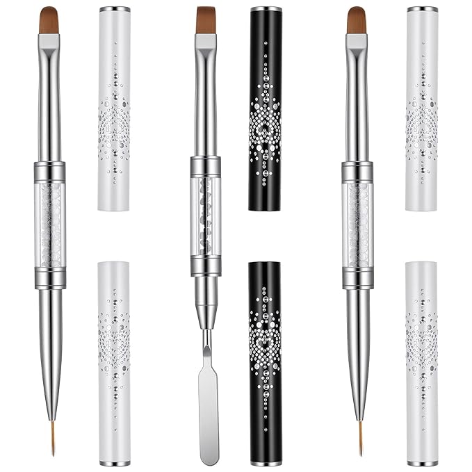 Sibba 3 PCS Double Ended Nail Art Brushes Set French Manicure Art Brushes Nails Design Detailing Painting Drawing Liner Brush Pen & Stainless Steel Cuticle Pusher Cleaner Nail Builder Polish Gel Brush