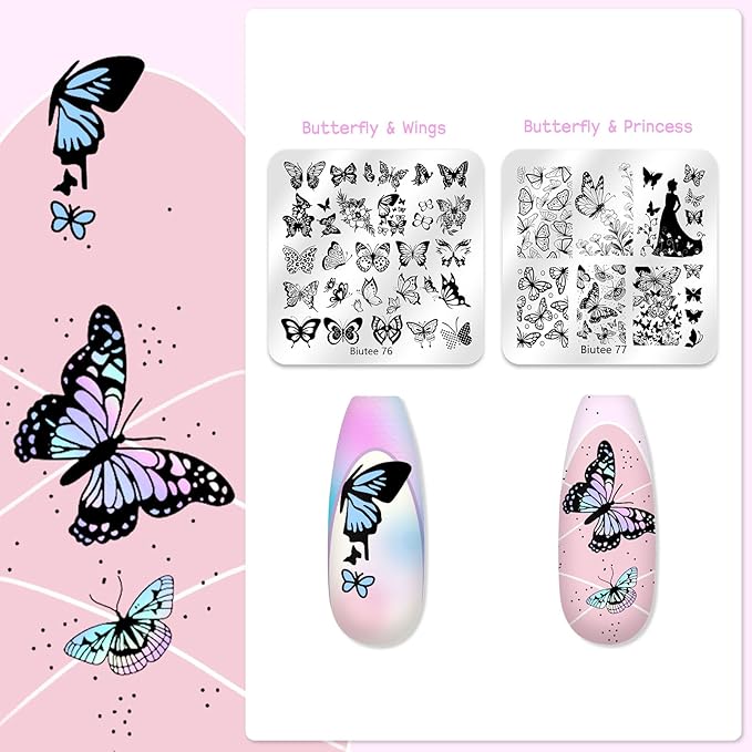 Biutee Nail Stamping Plate 20Pcs Nail Stamper Kit 16Pcs Nail Art Stamping Plates with Silicone Stamper, Scraper & Storage Bag, Stamp Plates Star Plaid Love Leaf Template Holiday Design Gift