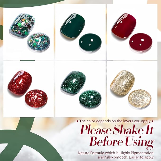 Born Pretty Christmas Gel Nail Polish Sparkle Glitter Green Red Gold Fall Winter Gel Polish Dark Green Burgundy Wine Red Gel Polish Set Nail Art Design Christmas Gift