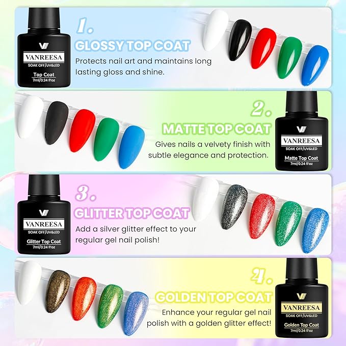 VANREESA 24 Pcs Gel Nail Polish Set -Trendy Colors Gel Polish with Base Coat & 4 Effects of Top Coat Nude Pink Orange Yellow Green Blue Purple Gel Polish Set Nail Kit Gifts for Women Girls DIY at Home
