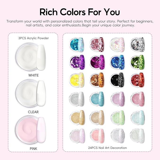 58PCS Acrylic Nail Kit for Beginners with Everything, 3 Colors Professional Acrylics Powder with Drill and U V Light 24pcs Glitter Decoration Complete Acrylic Nail Set Home Salon Design Gift Set