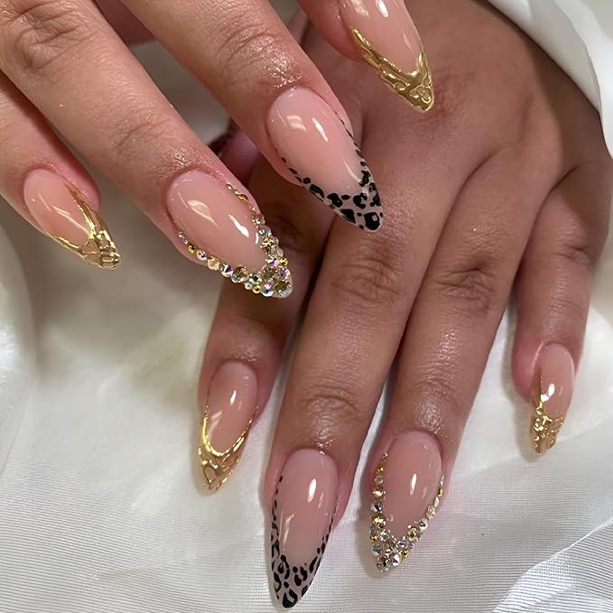 French Tip Press on Nails Medium Almond Fake Nails Leopard Print Nails Press Ons Gold French Tip False Nails Glossy Stick on Nail Rhinestones Glue on Nail for Women Decorations Set 24Pcs