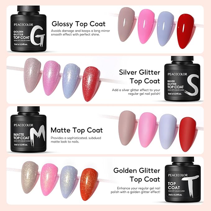 Peacecolor 26PCs Gel Nail Polish Set ,20 Spring Colors Gel Polish Kit with 5Pcs Glossy/Matte/Glitter Top Base Coat Pink Purple Green Soak Off Gel Nail Manicure Kit Gifts for Women DIY