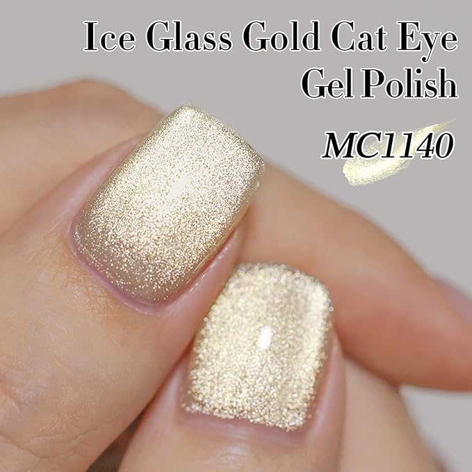 Double Rhythm Cat Eye Gel Polish with Magnet 15ML Ice Glass Holographic Glitter Shimmer Translucent Sheer Color Salon Soak Off Magnetic at Home (Gold-MC1140)