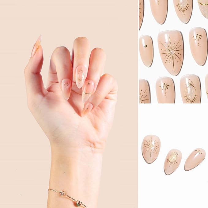 Sun&Beam Nails Handmade Press-On Medium Long Almond with Nude Color Diamond Design Charm Cute False Nail Tips 10 Pcs (#99 S)