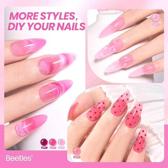 Beetles Rose Whispers Jelly Pink Gel Nail Polish Set - 6 Colors Valentines Gel Polish Kit Jelly Pink Sheer Translucent Effect Soak Off UV Salon DIY Manicure Spring Gift for Women