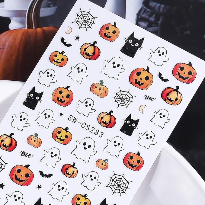 Halloween Nail Stickers for Nail Art Cute Ghost Black Cat Pumpkin 3D Self-Adhesive Nail Decals Nail Art Supplies Ghost Skull Flame Pumpkin Nails Design Manicure Stickers for Nails Decoration 6Sheets