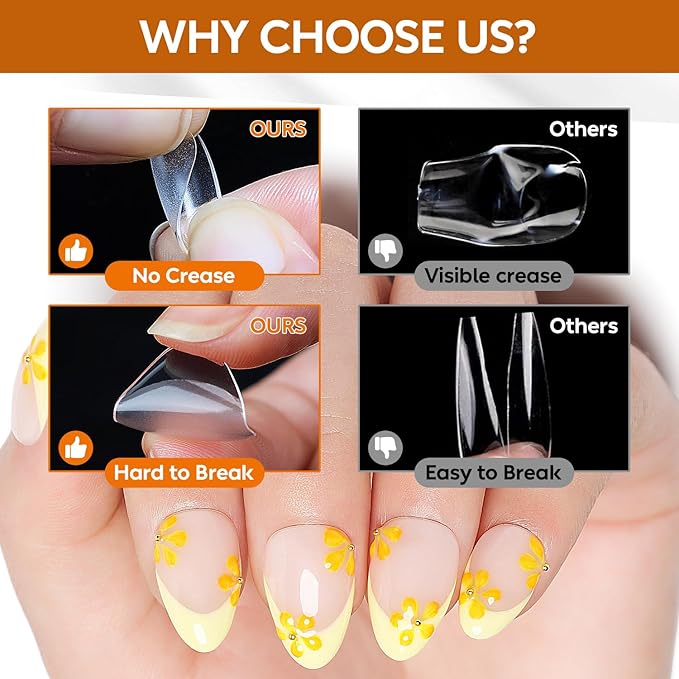 Nicedeco Extra Short Almond Nail Tips Full Cover 216PCS Clear Fake Nails Tip for Acrylic Nail Tip Soak Off Home DIY Salon Nails 12 Sizes - 009