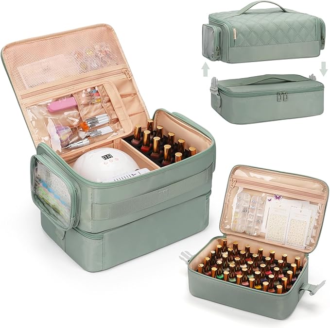 OCHEAL Nail Polish Organizer, Holds Nail Lamp and 45+ Bottles 2-in-1 Nail Polish Storage Case,Detachable Nail Techs Gel Kit Supplies Carring Bag for Manicurist Tools 45-Slot Nail Holder-Green