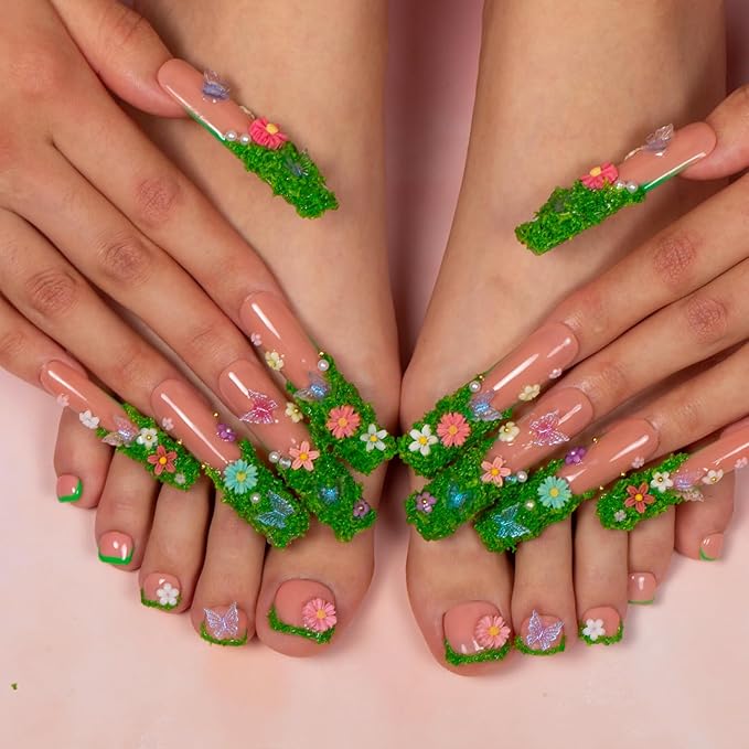 LOVFUL Handmade Acrylic Press on Toenails Fairy Tale Garden | Salon Quality 20 PCS Free Size Toe Nails | Reusable Fake Nails for Toe | T151