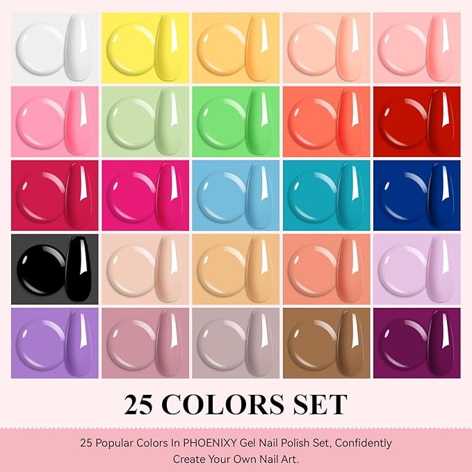 Phoenixy 30 Pcs Gel Nail Polish Set, 25 Colors U V Gel Nail Polish Nude White Black Red Blue Pink All Season Color 5 Pcs Base Top Coat Glossy Matte Silver and Gold Glitter Starter Gift Sets for Women