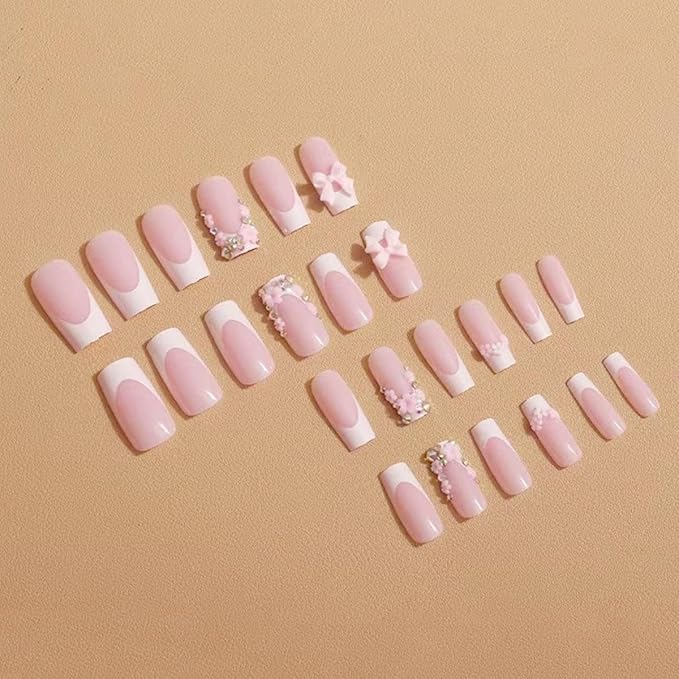 Long Press on Nails 3D Flower Fake Nails Square with Bow Charms Design Rhinestones French Tips Glue on Nails Spring False Nails Summer Nails Glossy Reusable Full Cover Manicure for Women 24PCS