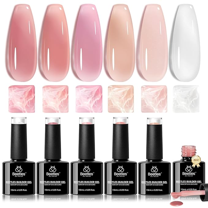 Beetles Builder Gel Set,6 Colors 7 in 1 Jelly Clear Pink Nude Builder for Nail Apex Thickening Extension Strengthen Weak Nails for Beginners DIY Salon Valentines Nails at Home,UV & LED Lamp Needed