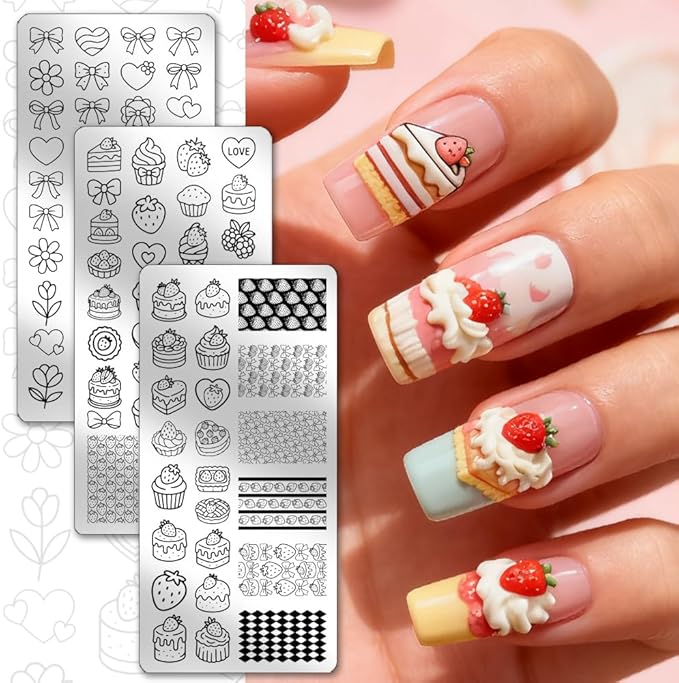 PH PandaHall 3pcs Strawberry Cake Nail Stamping Plate, Sweet Bowknot Nail Art Templates Strawberry Desserts Stainless Steel Image Plate Art Stencils with Tool for DIY Manicures Salon Design
