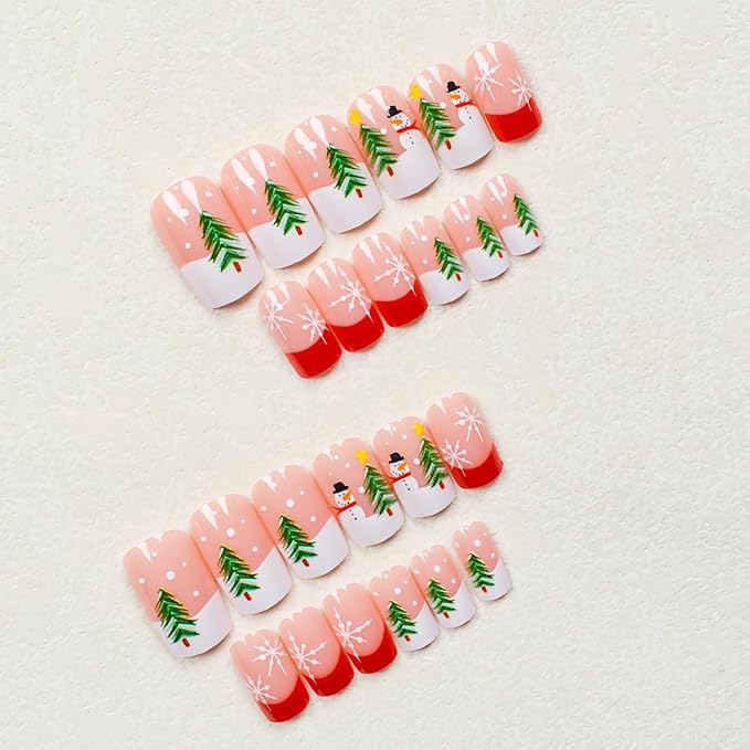 Christmas Press on Nails Medium Square MABKJLF French Tip Fake Nails False Nails with Snowman Snowflake Tree Designs Glossy Glue on Nail Winter Full Cover Acrylic Nails for Women Girls 24Pcs