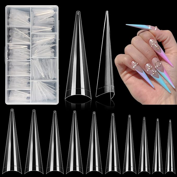 500Pcs Stiletto Nail Tips for Acrylic Nails, XL Long Clear False Nails Tips Soft Traceless, Half Cover Tapered Square False Nail Tips for Nail Extension Nail Art, Home DIY Nail Salon 10 Sizes