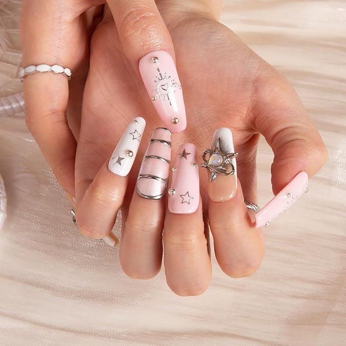 LOVFUL Press on Nails Stargaze | Handmade with Full Covered Crystals | Reusable Full Cover Nails | Coffin Classic Regular 1.3 in | H300-S