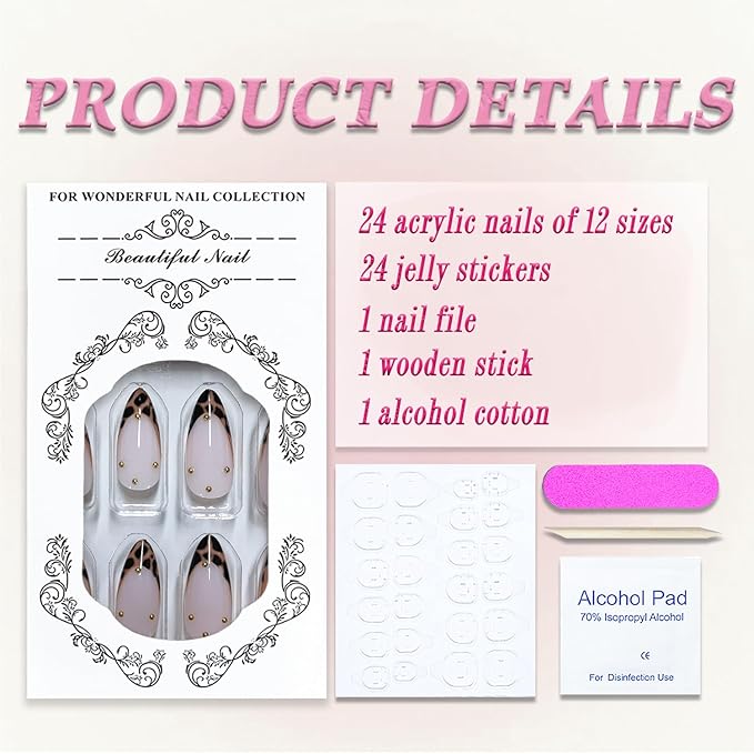 French Tip Press on Nails Medium Almond MABKJLF Fake Nails Fall False Nails with Leopard Print Ball Designs Amber Full Cover Glossy Glue on Nail Autumn Daily Wear Acrylic Nails for Women Girls 24Pcs