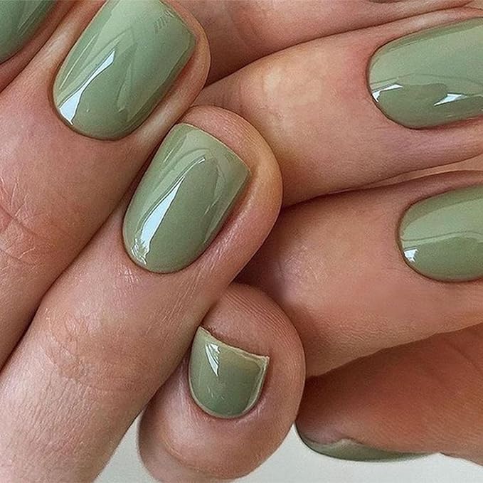 Modelones Green Press on Nails, Spring Short Square Fake Nails, Reusable Nail Kit with Nail Glue Adhesive Tabs Mini Nail File, Nails Press Ons 32Pcs16 Sizes, Women Girl Gift