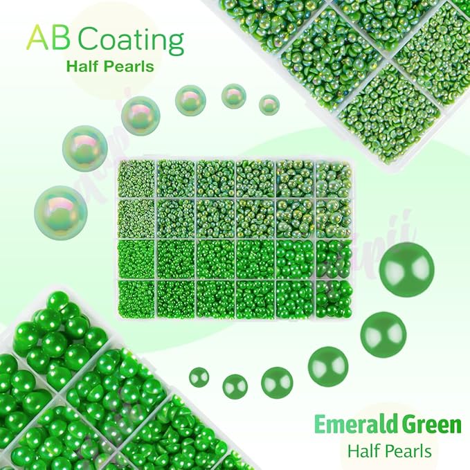2 Styles Solid Green+ Emerald Green AB Flatback Pearls for Bedazzling Crafting 3mm-10mm Dark Green Half Round Beads Gems Bedazzler Kit for Nails Face Eyes Makeup Tumblers Bottles Crafts Shoes﻿