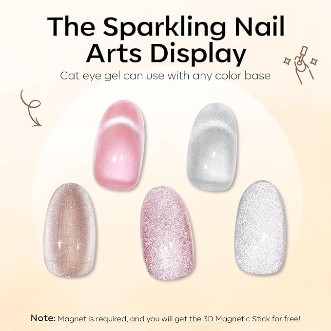 modelones Silk Cat Eye Gel Nail Polish,Pearl Nude Gel Polish Glitter Glass Polish with Magnet Soak Off Led Shimmer Shell Valentin 15 ML
