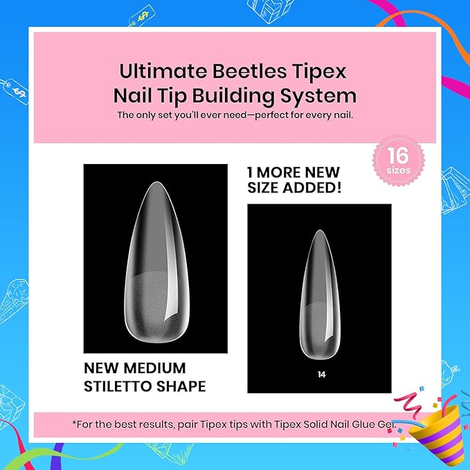 Beetles Tipex Instant Apex Nail Tips Kit, Medium Stiletto, 224 Pcs 16 Sizes Pre-Building Pre-Etched False Nail Tips with Tipex Nail Glue, Mini Nail Lamp